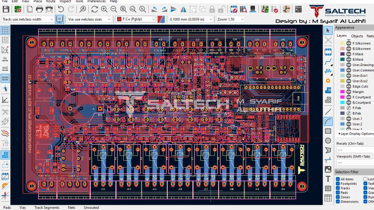 Screenshot layout routing PCB 2 layer di KiCad