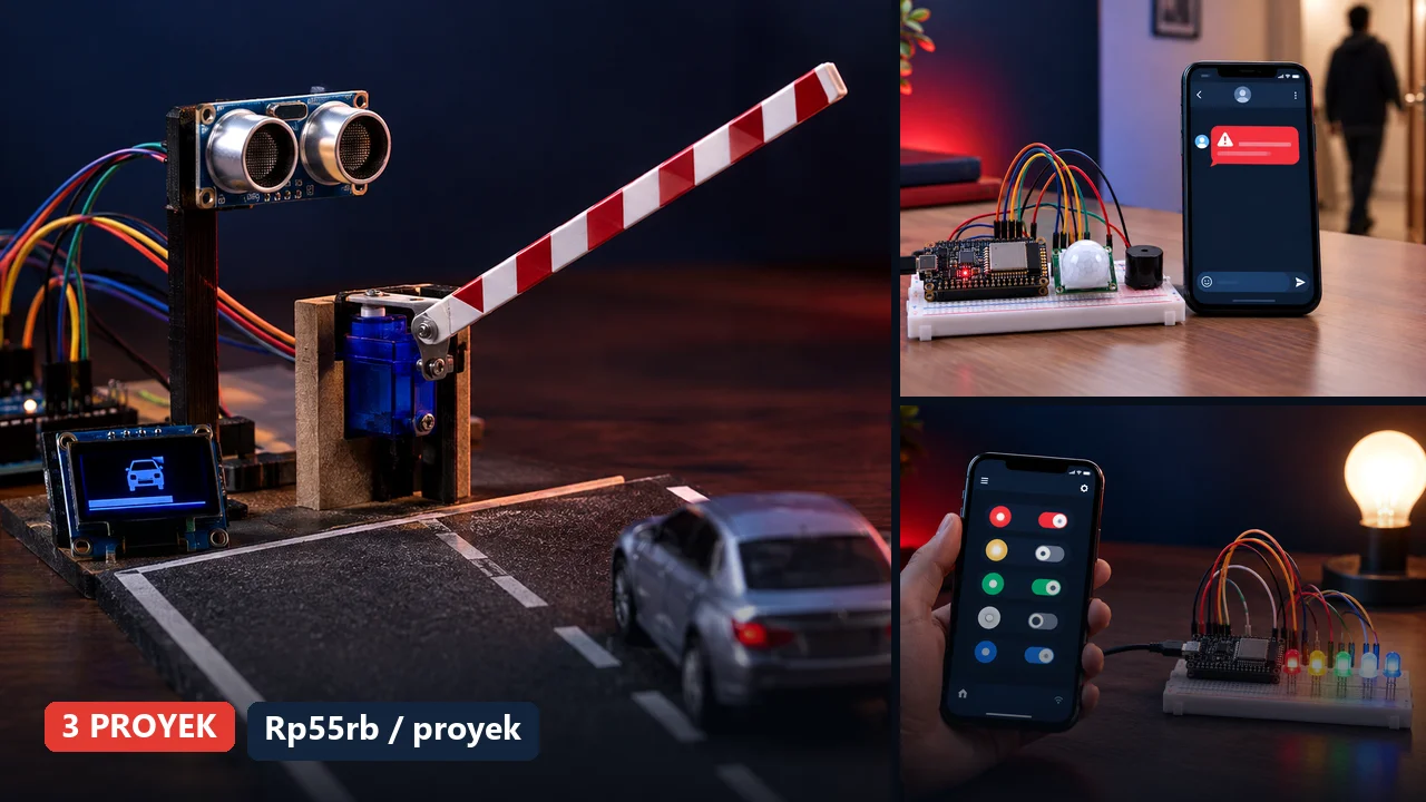 Proyek siap pakai SALTECH: palang parkir, alarm Telegram, kontrol lampu Blynk